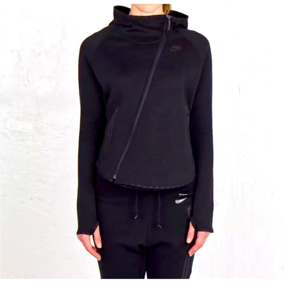 Nike Women's Black Asymmetrical Zip Athletic Tech Fleece Butterfly Hoodie Small - Picture 1 of 6